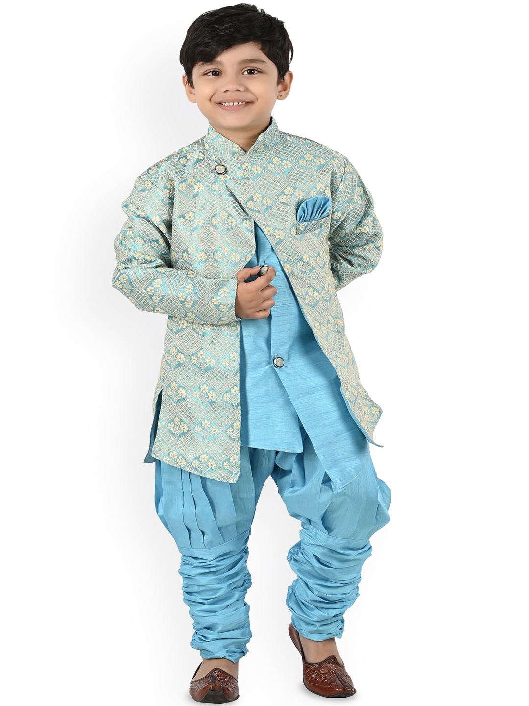 

BAESD Boys Ethnic Motifs Printed Mandarin Collar Kurta With Churidar, Teal