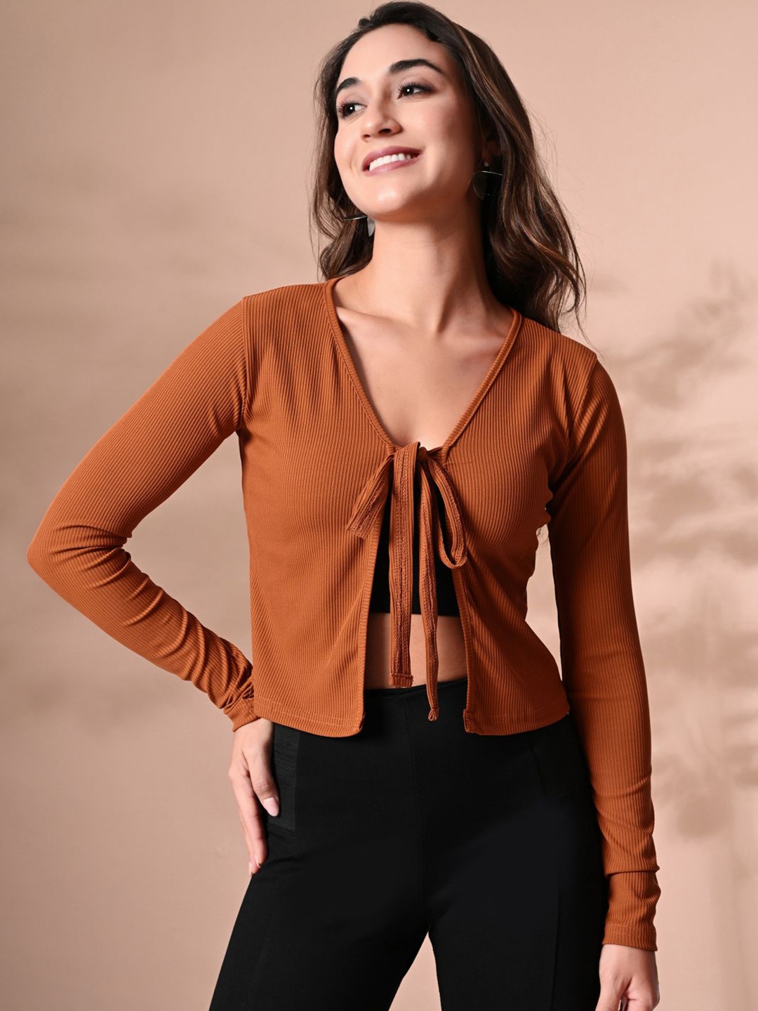 

IUGA Women Tie-Up Neck Crop Top, Rust