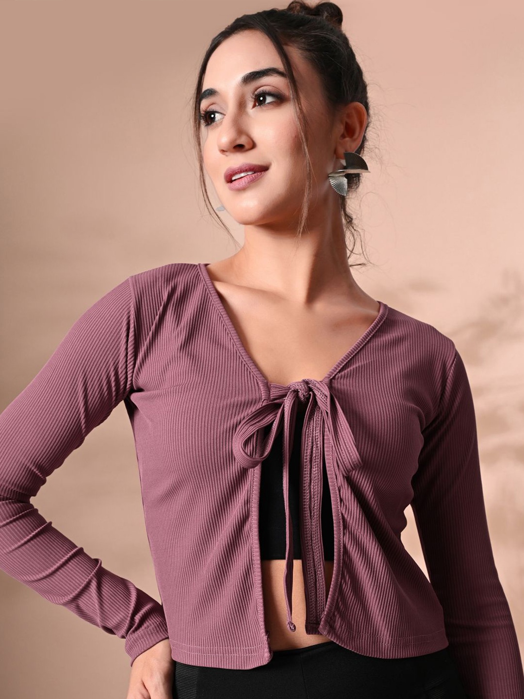 

IUGA Women Tie-Up Neck Fitted Crop Top, Mauve