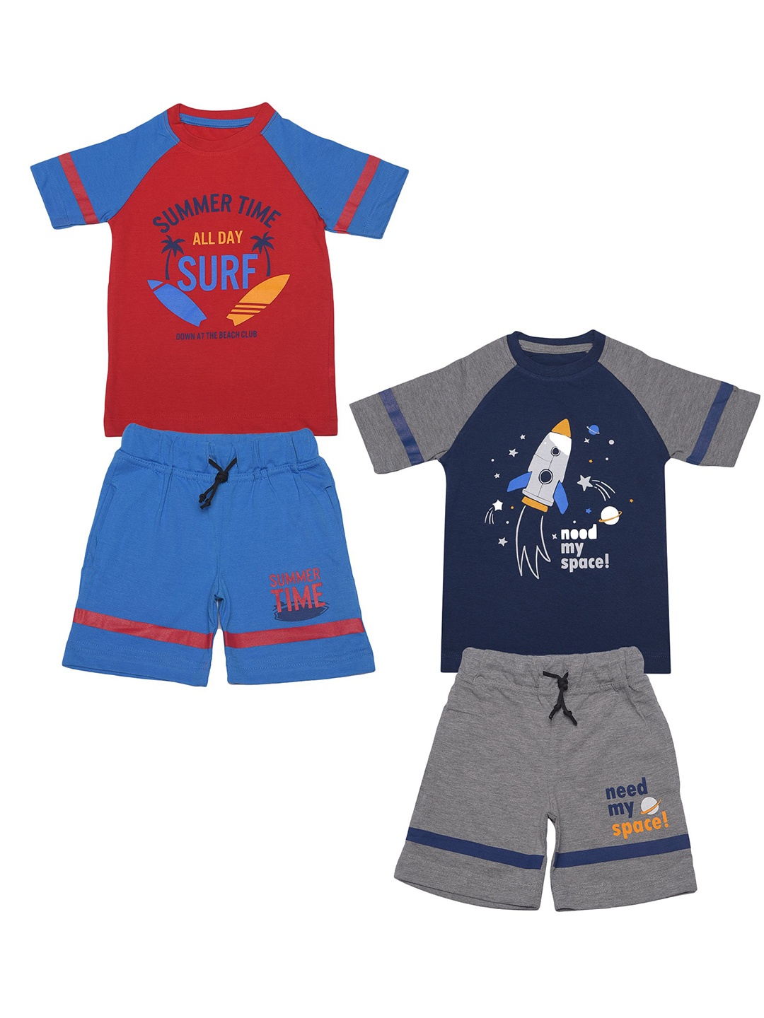 Dollar Champion Kidswear Boys Pack Of 2 Assorted Printed Pure Cotton T-shirt with Shorts