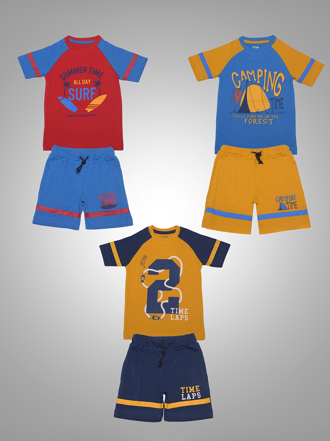 

Dollar Champion Kidswear Boys Pack Of 3 Assorted Printed Pure Cotton T-shirt with Shorts, Mustard
