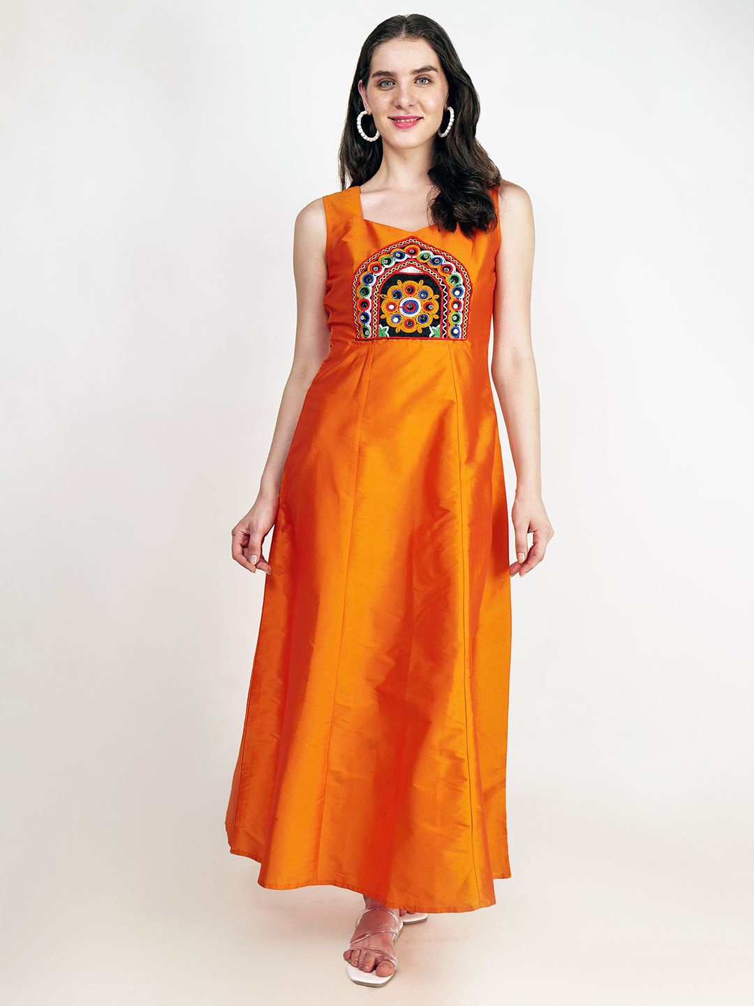 

Frolic Rolic Embroidered Patch work Silk Sleeveless Maxi Dress, Orange