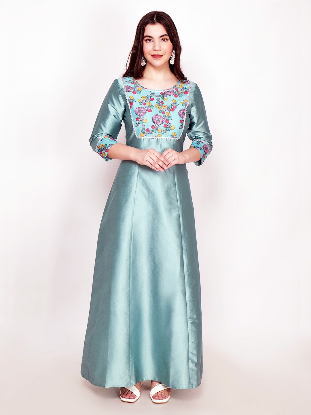 

Frolic Rolic Aqua Blue Printed Patch work Silk Blend Maxi Ethnic Dress