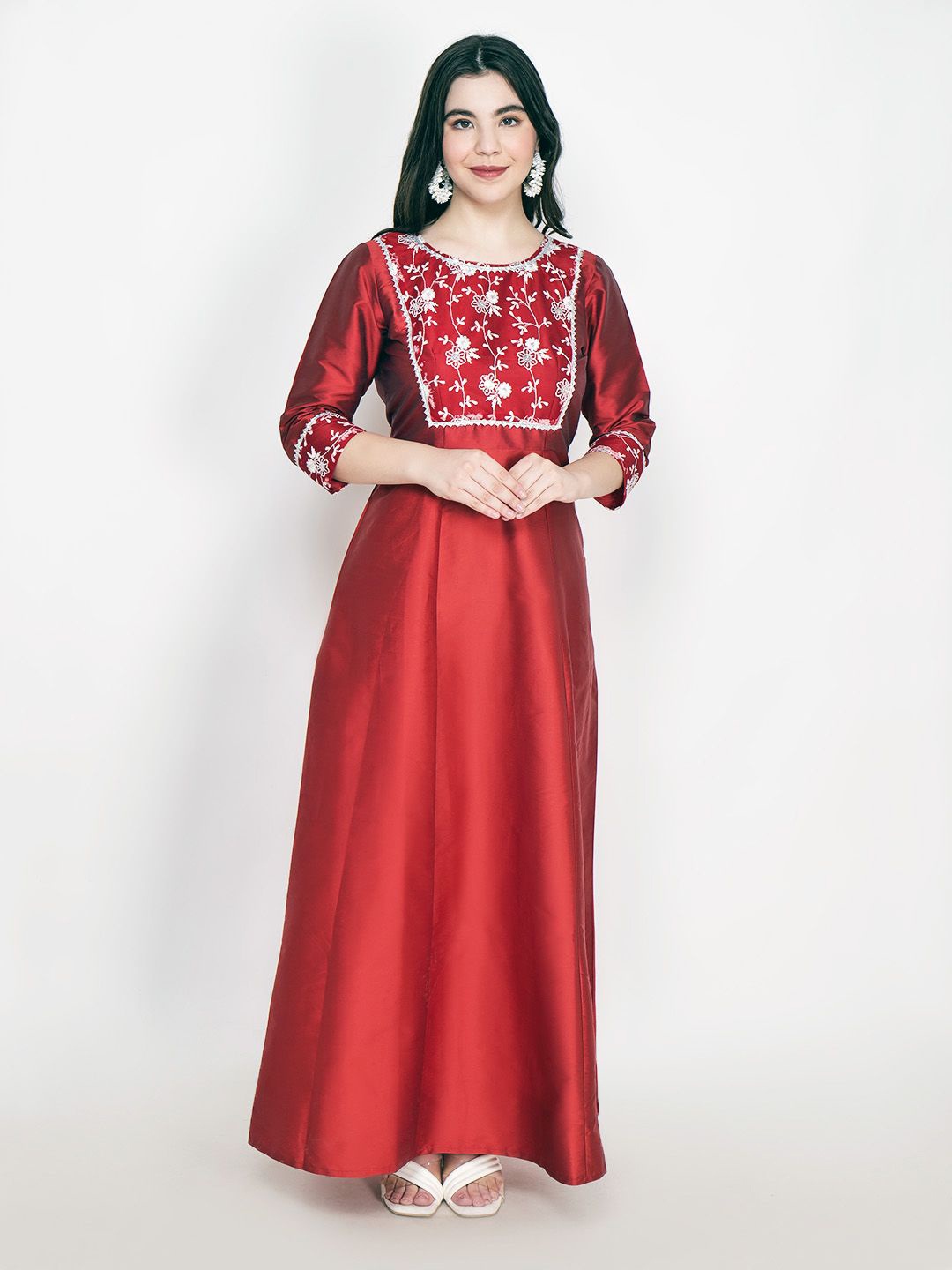 

Frolic Rolic Embellished Net Patch work Silk Maxi Ethnic Dress, Maroon