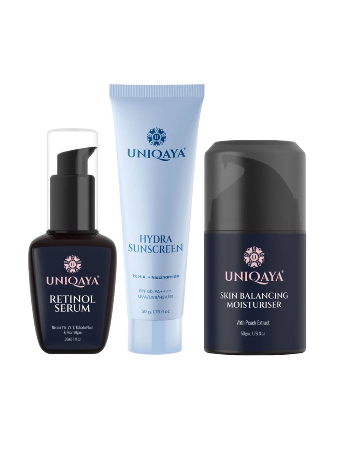 

UNIQAYA Skin Care Trio - Retinol Serum, Skin Balancing Moisturizer & Hydra Sunscreen, Blue