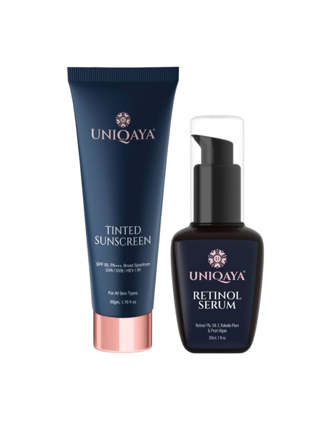 

UNIQAYA Set of Tinted SPF50 Sunscreen - 50g & Retinol Serum with Vitamin E - 30ml, Blue