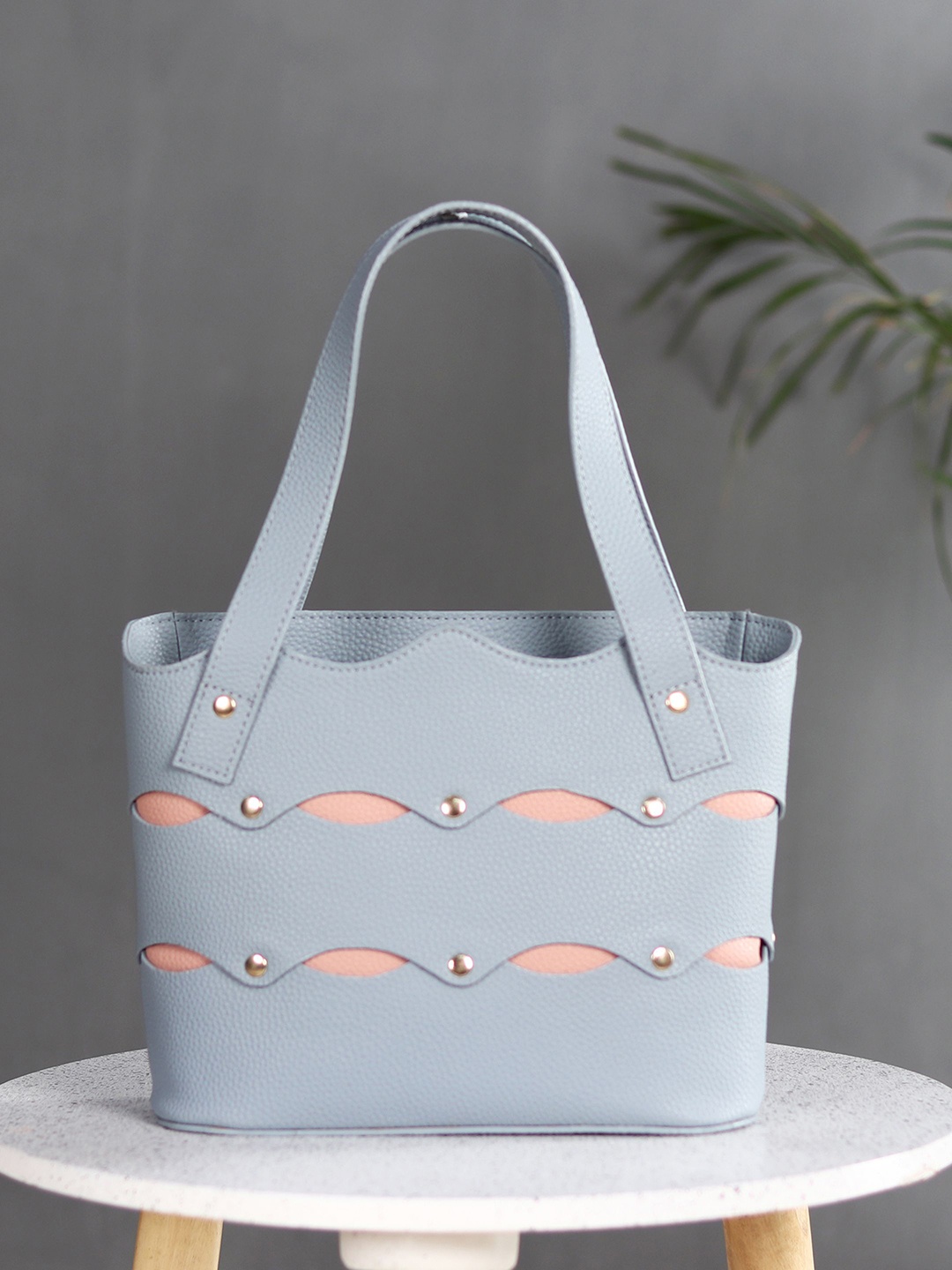 

White Lily PU Structured Shoulder Bag with Cut Work, Blue