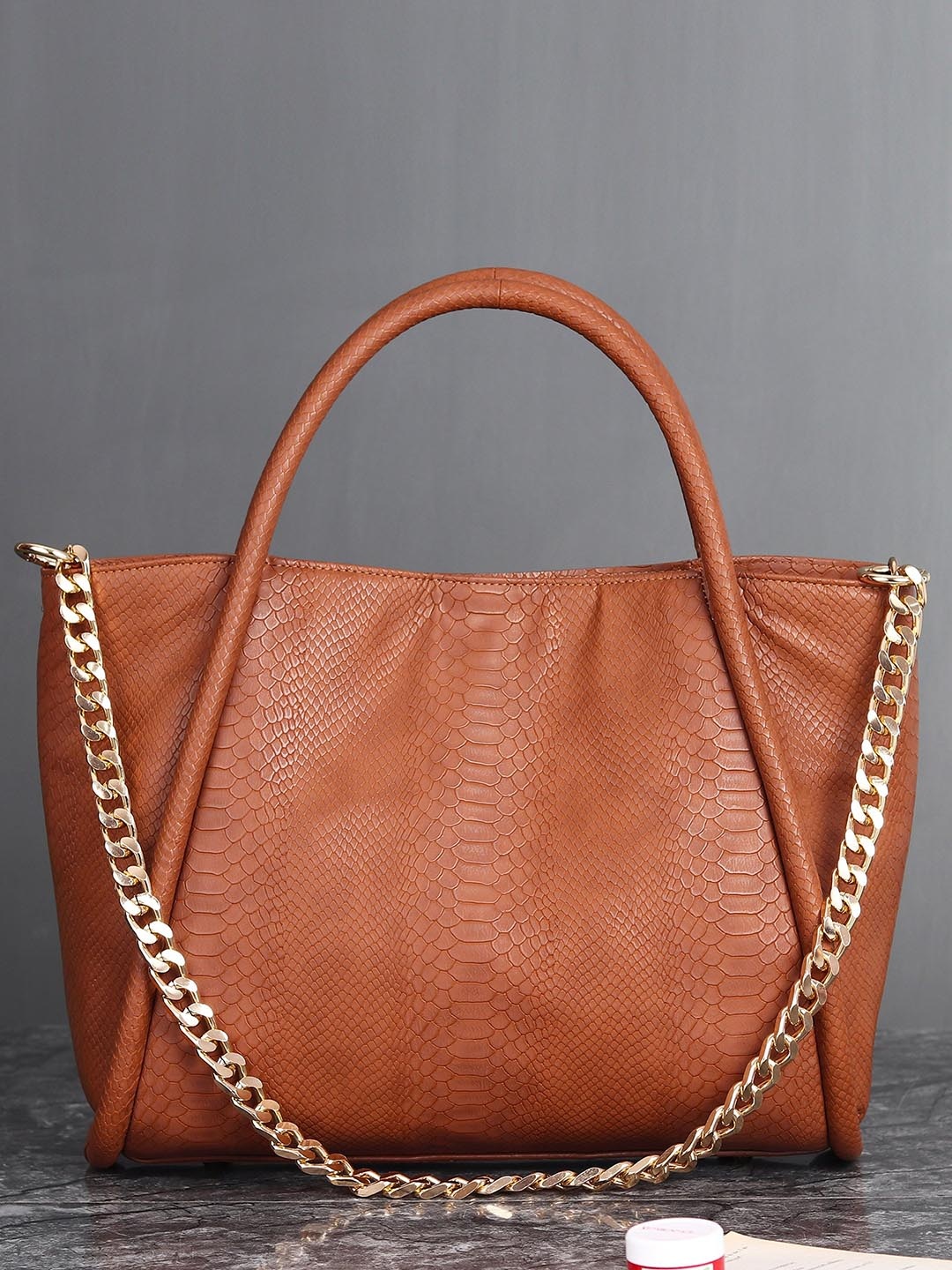 

White Lily PU Textured Structured Handheld Bag, Tan