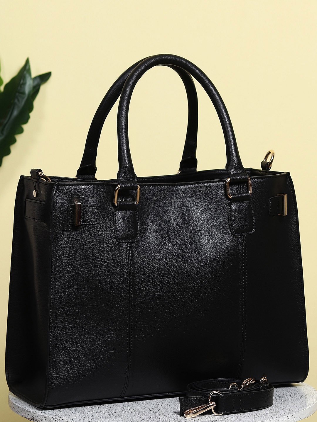 

White Lily PU Shopper Handheld Bag With Buckle Detail, Black