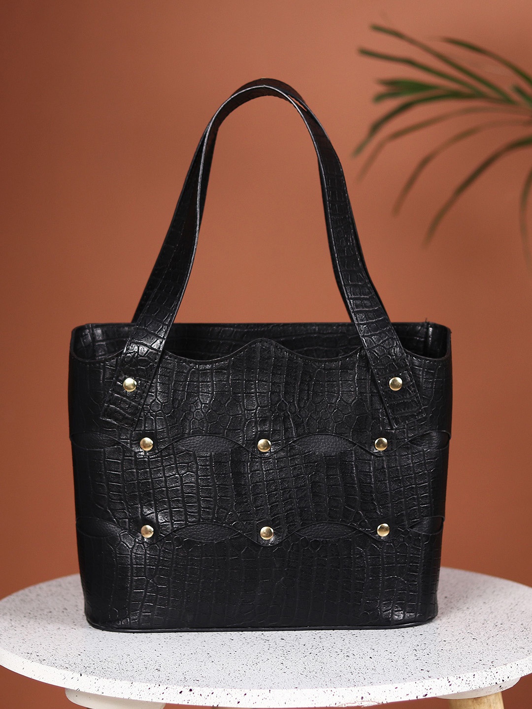 

White Lily Textured PU Oversized Structured Shoulder Bag With Cut Work, Black