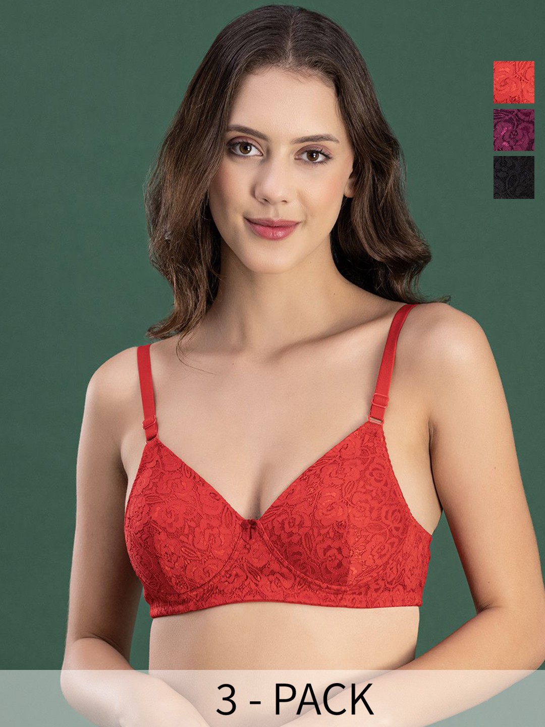 

DressBerry Pack of 3 Floral Bra Medium Coverage Heavily Padded, Red