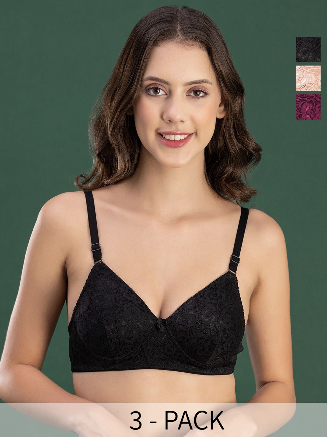 

DressBerry Pack of 3 Floral Medium Coverage Heavily Padded Bra, Black