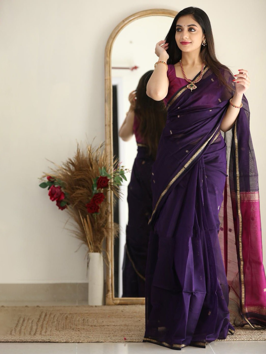 

KALINI Woven Design Zari Pure Cotton Banarasi Saree, Purple