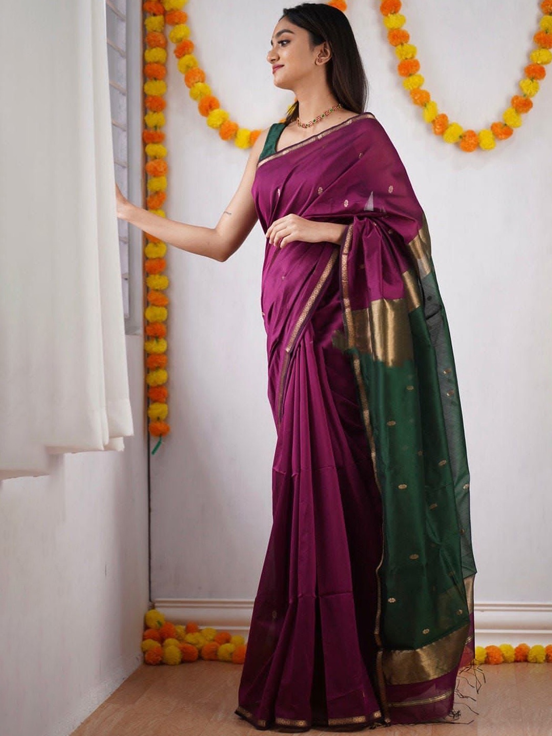 

KALINI Woven Designed Zari Pure Cotton Banarasi Saree, Purple