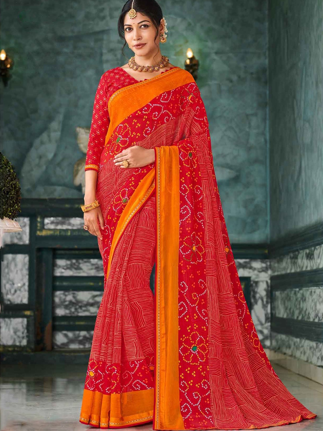 

Laxmipati Bandhani Geometric Saree, Red