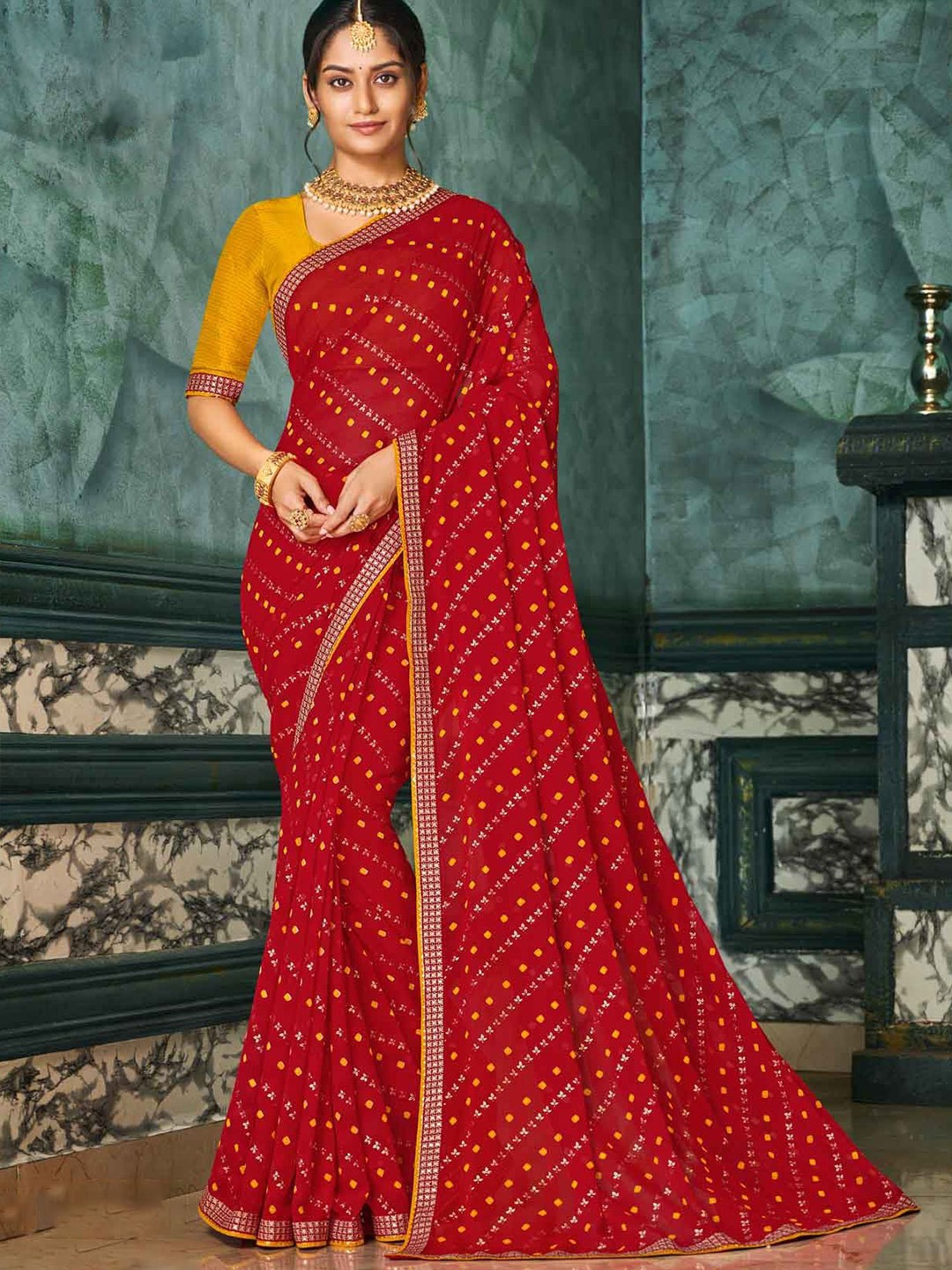 

Laxmipati Bandhani Zari Embroidered Saree with Blouse, Red