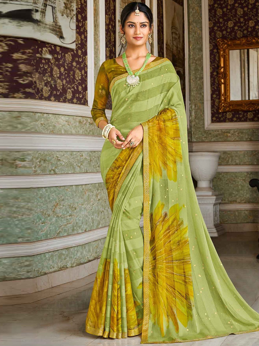 

Laxmipati Floral Zari Embroidered Sequinned Saree, Green