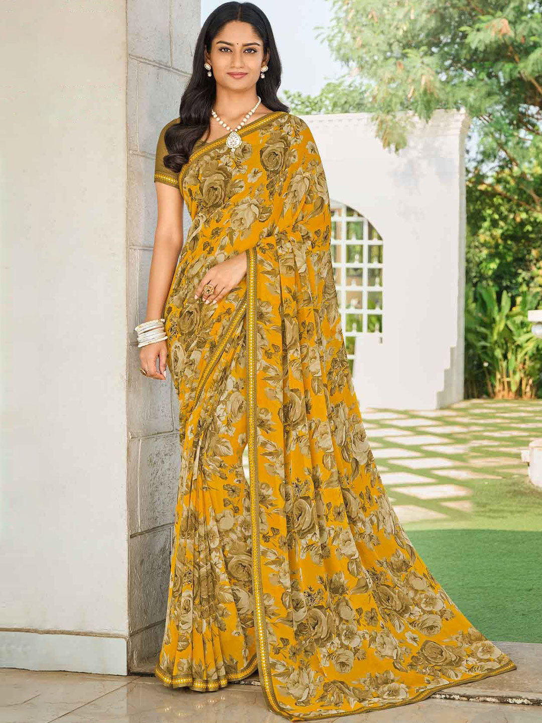 

Laxmipati Floral Printed Embroidered Saree, Mustard