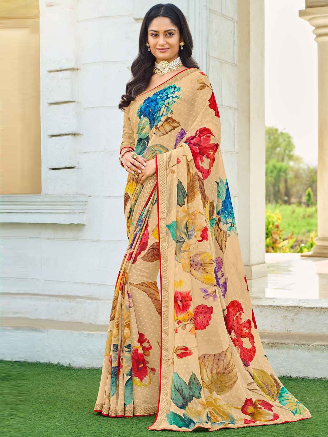 

Laxmipati Floral Embroidered Saree, Beige