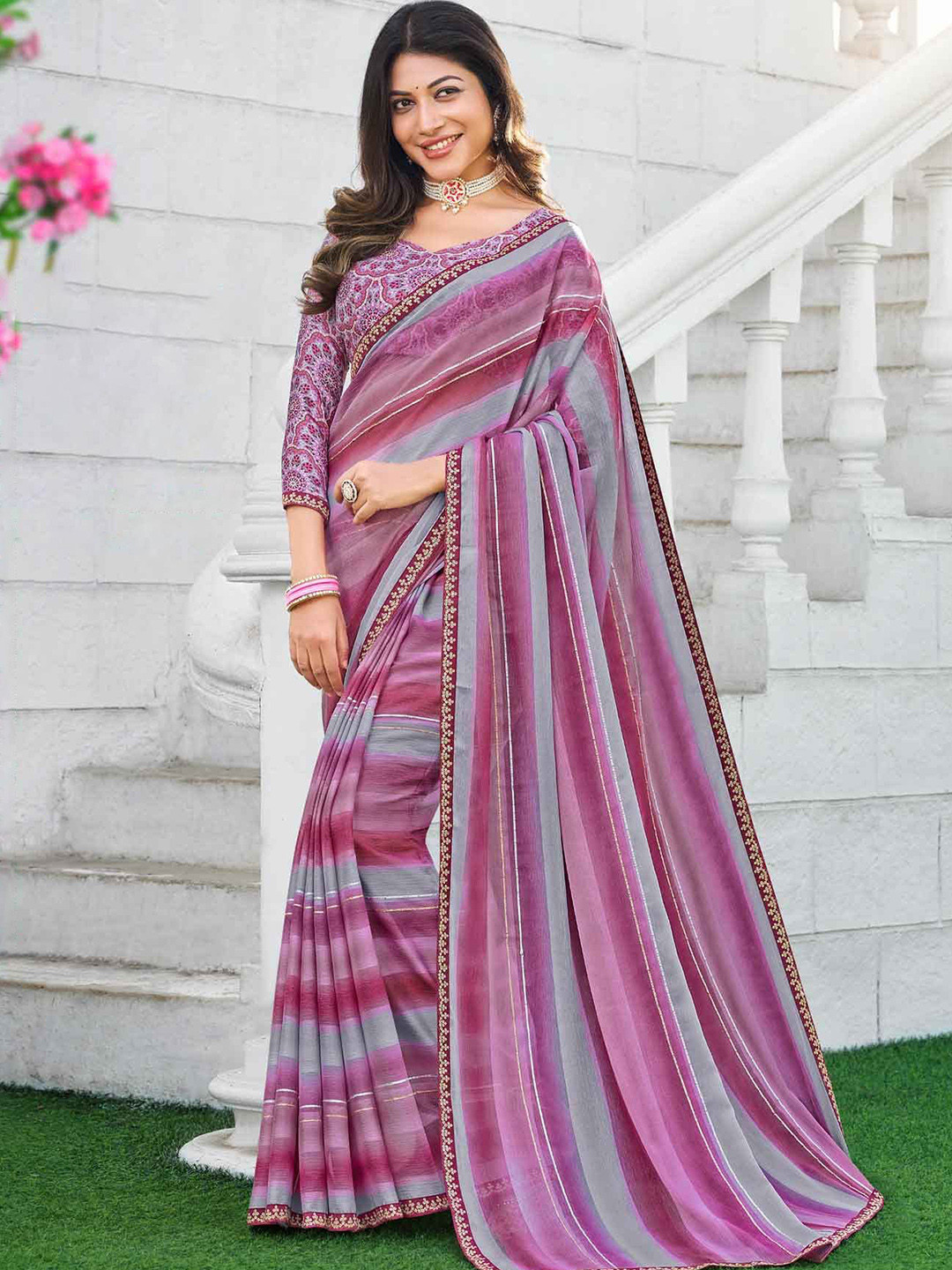 

Laxmipati Striped Printed Embroidered Saree, Purple