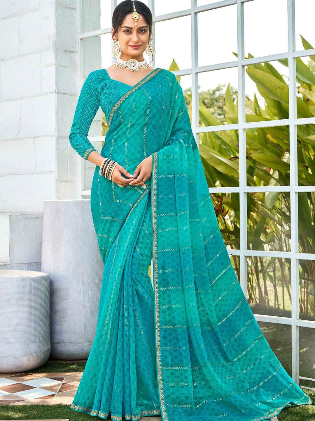 

Laxmipati Sequinned Striped Zari Embroidered Saree with Blouse, Blue