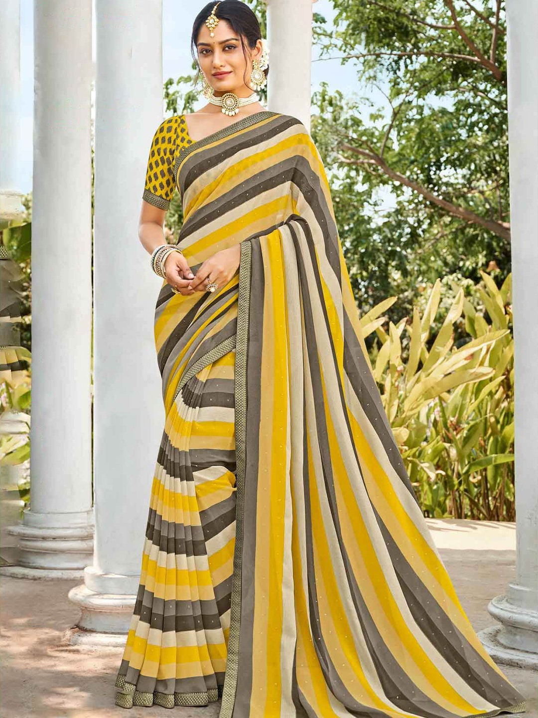 

Laxmipati Striped Embroidered Saree, Yellow