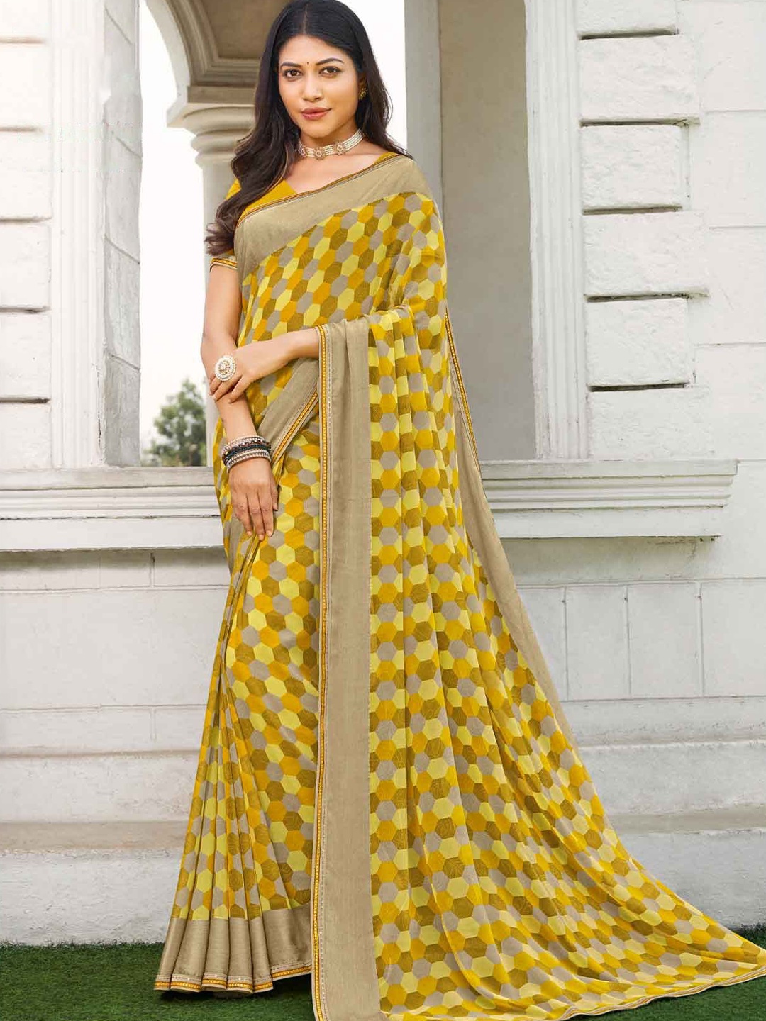 

Laxmipati Embroidered Geometric Saree, Mustard