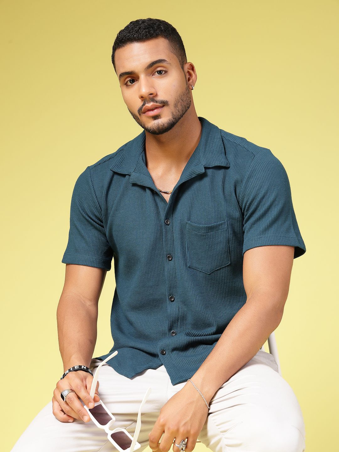 

Rigo Men Cotton Textured Premium Slim Fit Opaque Casual Shirt, Teal