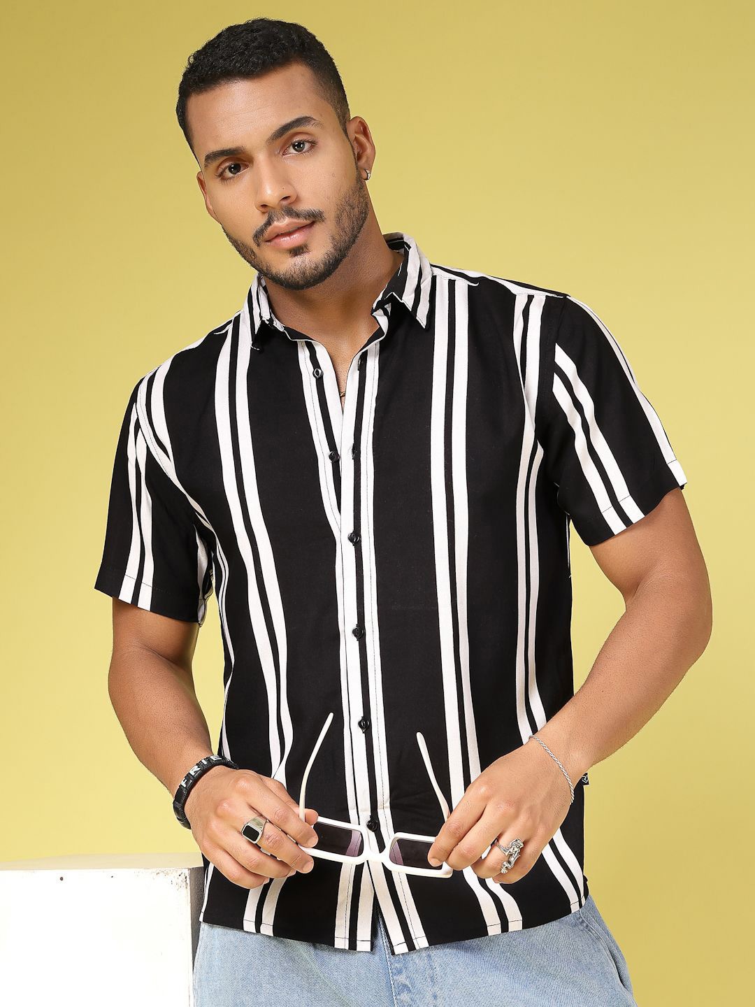 

Rigo Men Premium Slim Fit Opaque Striped Casual Shirt, Black