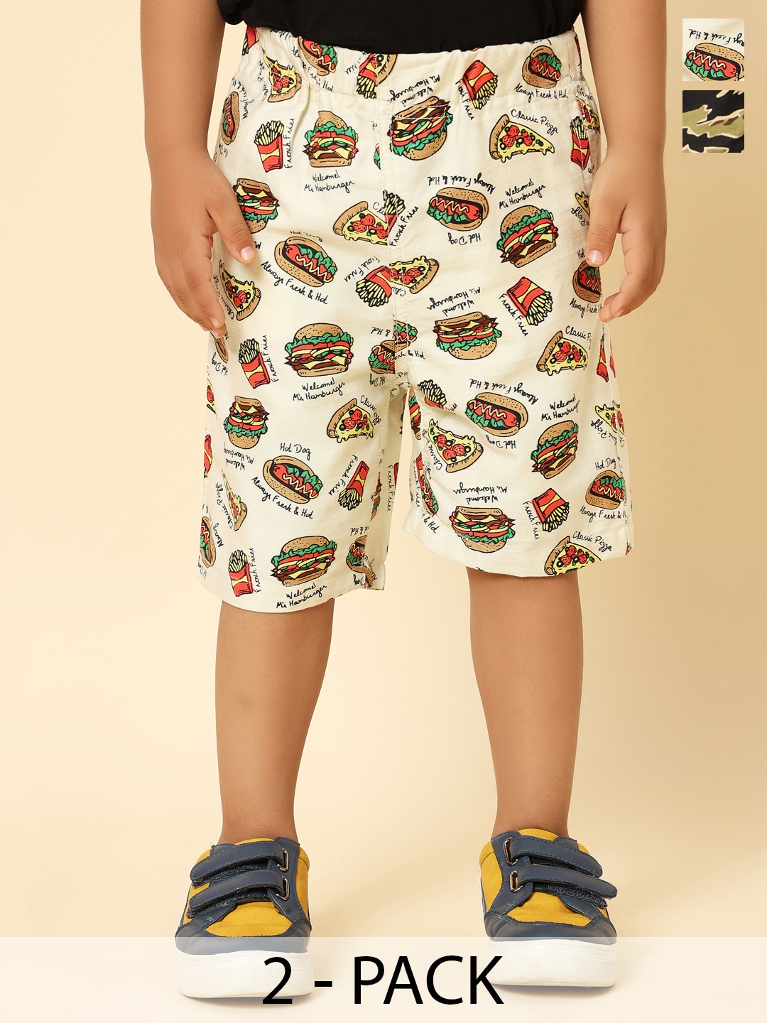 

HERE&NOW Boy Pack of 2 Cotton Towel Printed Casual Shorts, Na
