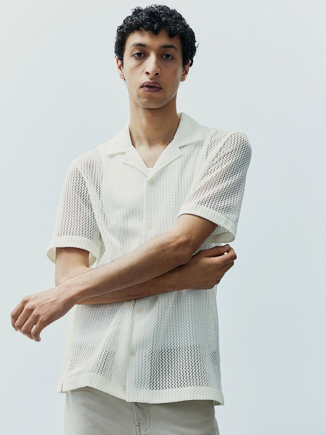 

H&M Men Textured-Knit Resort Casual Shirts, White