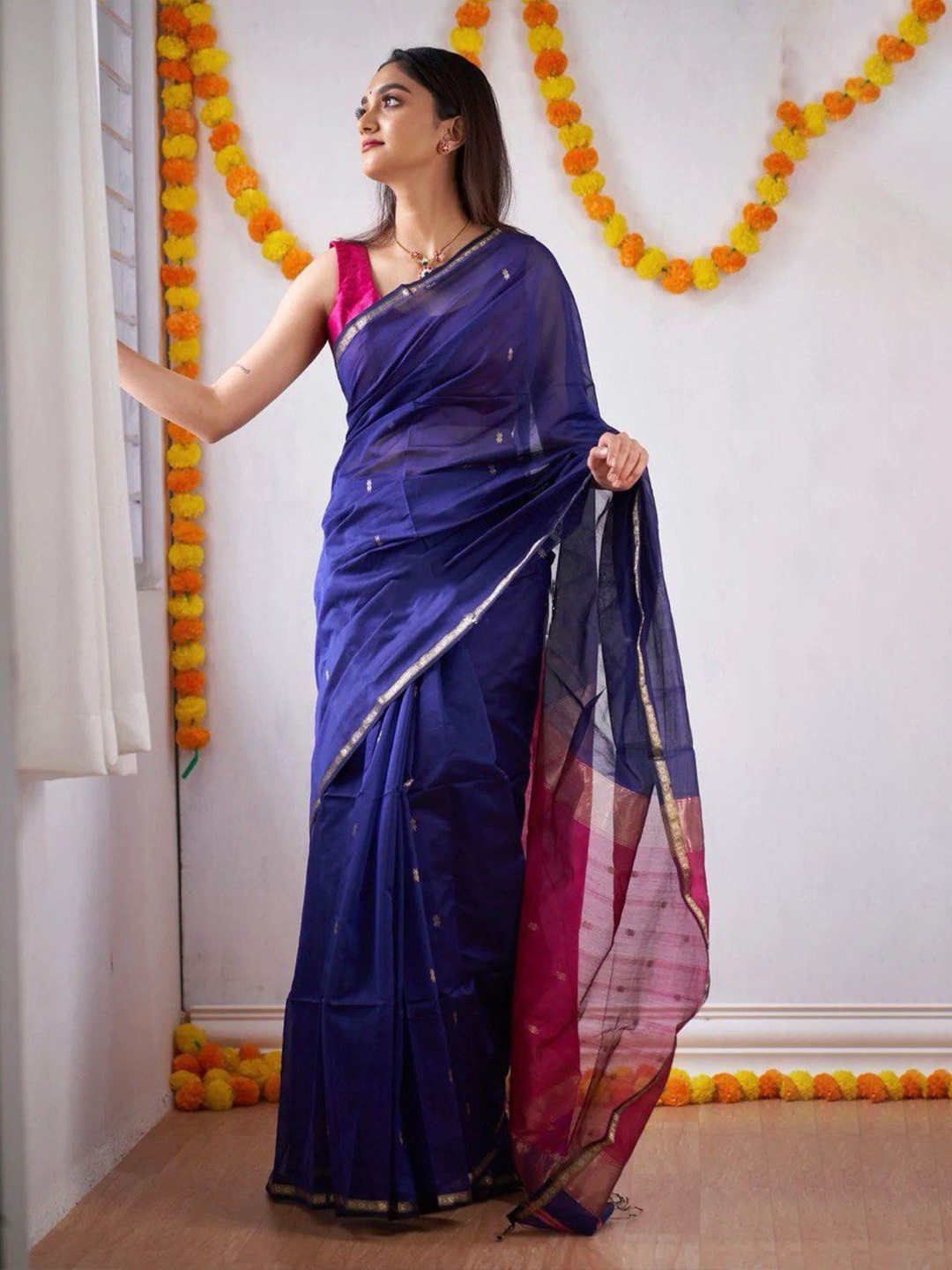 

DIVASTRI Ethnic Motifs Zari woven Pure Cotton Banarasi Saree, Blue