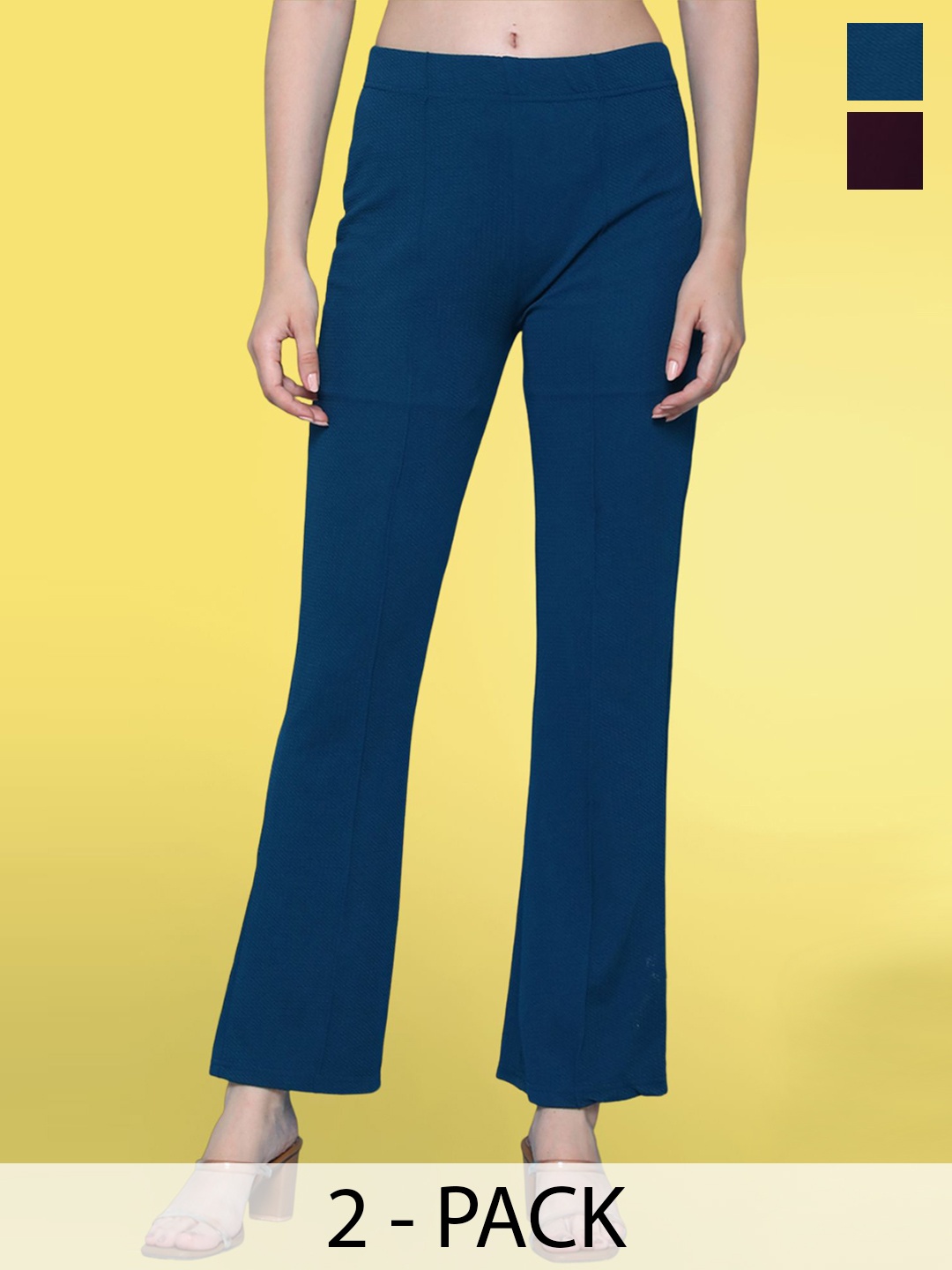 

BAESD Women Pack Of 2 Flared High-Rise Cotton Trousers, Blue