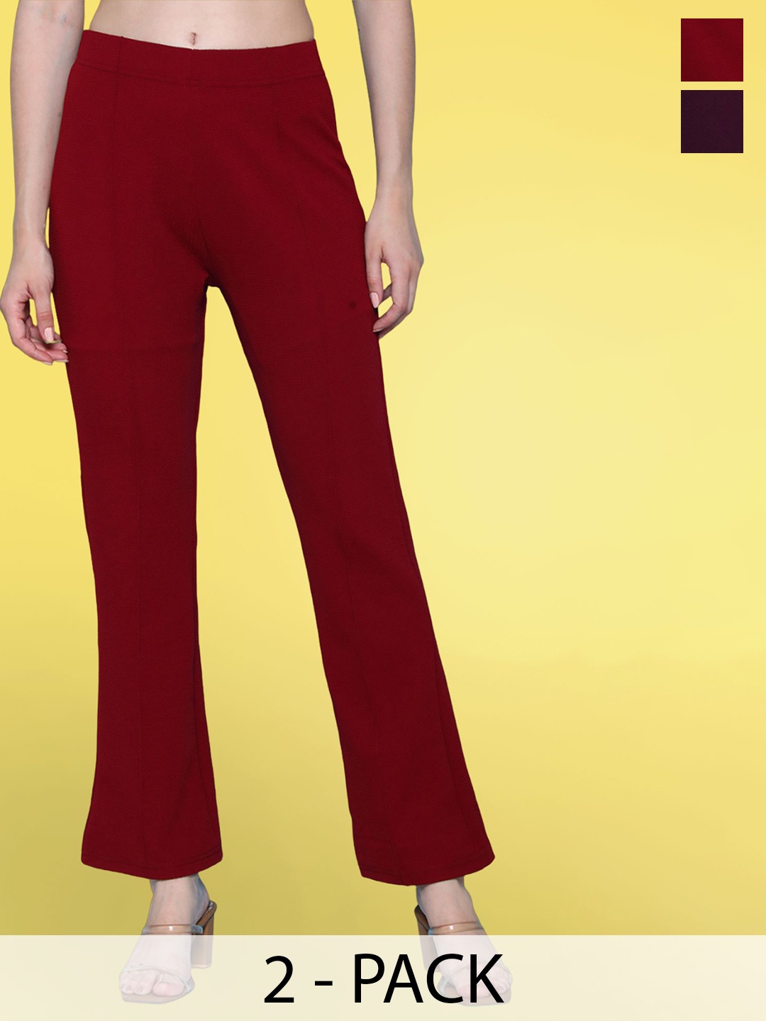 

BAESD Women Solid 2- Pcs Flared Mid-Rise Bootcut Trousers, Red