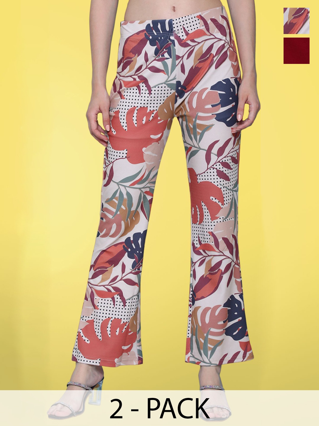 

BAESD Women Pack Of 2 Floral Printed Cotton Flared Trousers, Multi