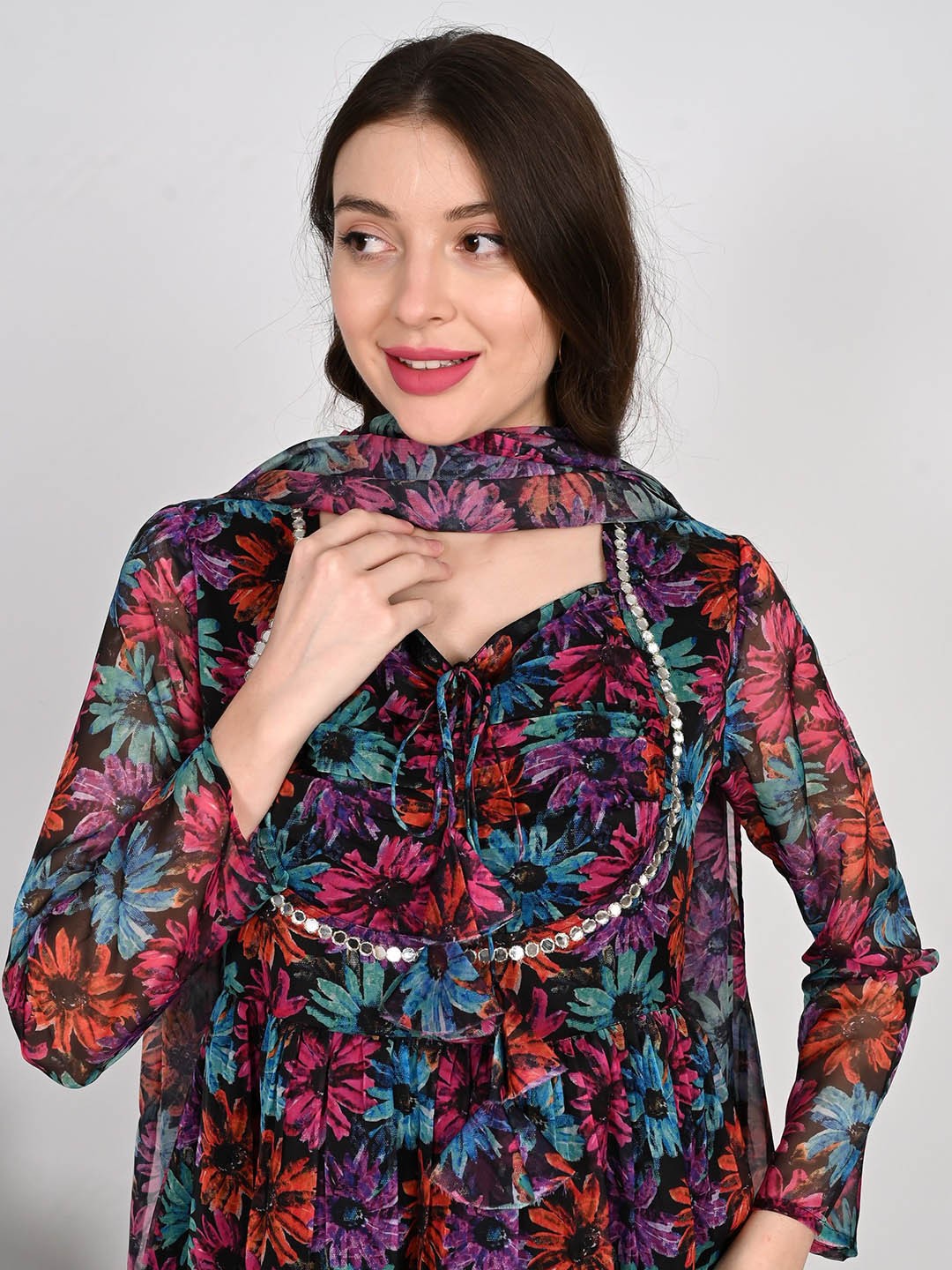 

aaivan Floral Printed Sweetheart Neck Fit & Flare Organza Ethnic Dress With Dupatta, Black
