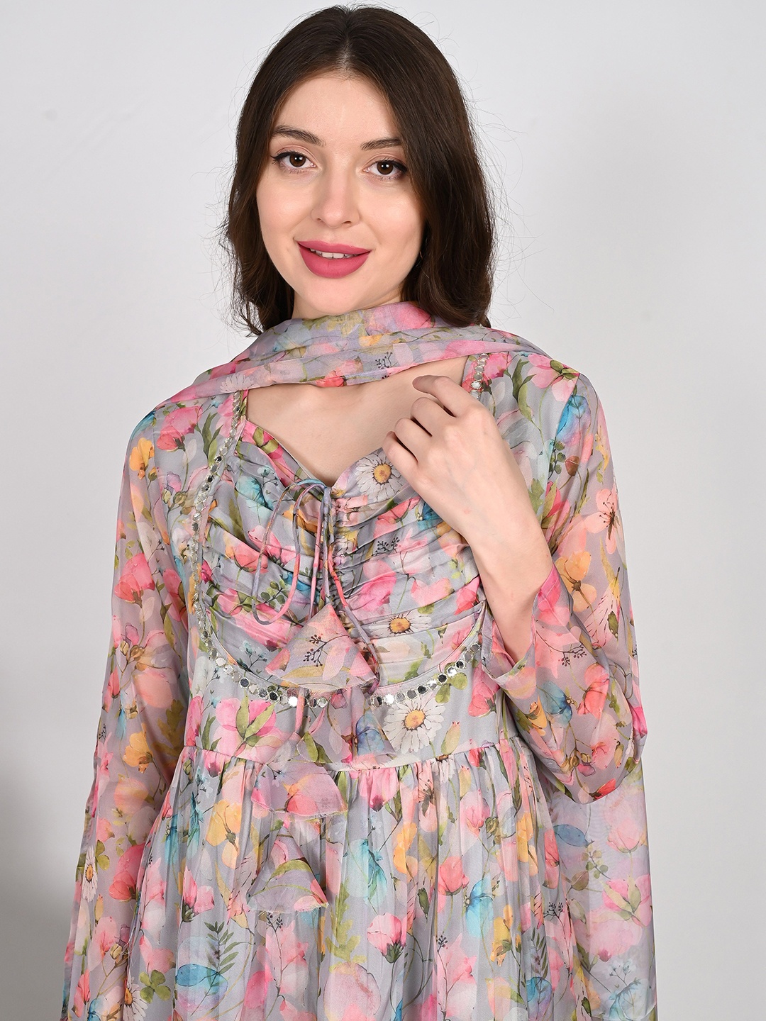 aaivan Floral Printed Mirror Work Anarkali Kurta With Duppatta, Cream