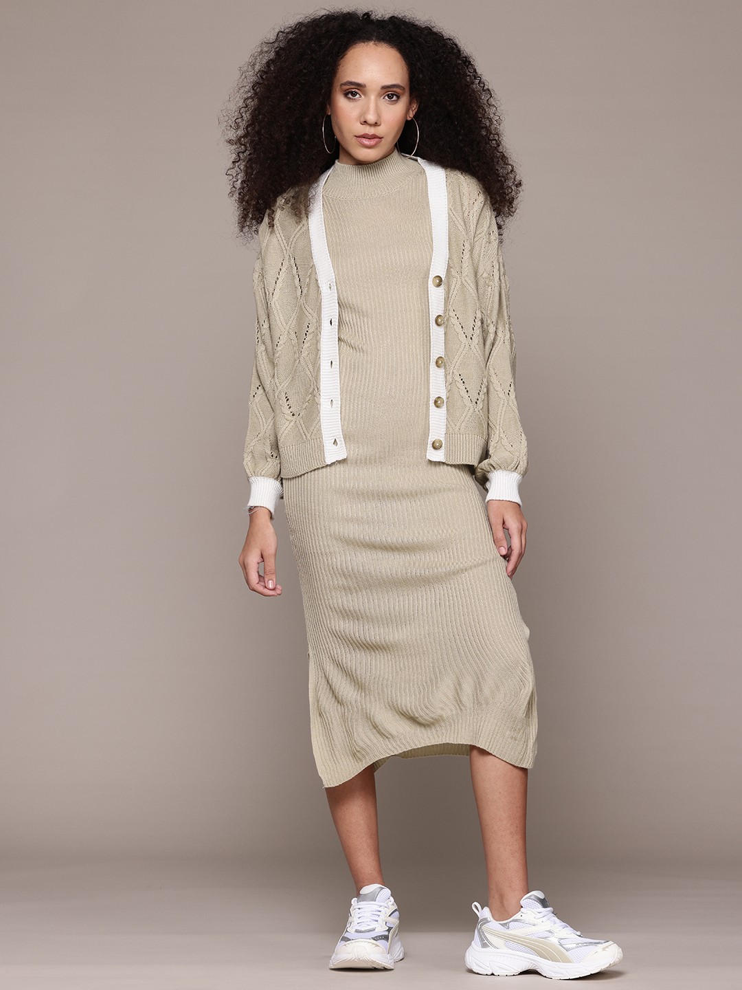 

The Roadster Lifestyle Co. Ribbed Jumper Midi Dress with Cardigan, Beige