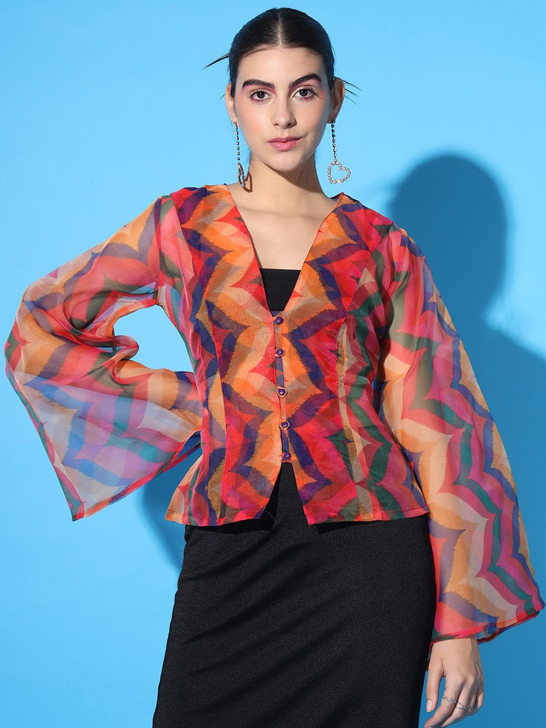 

BAESD Print Flared Sleeve Styled Back Top, Multi