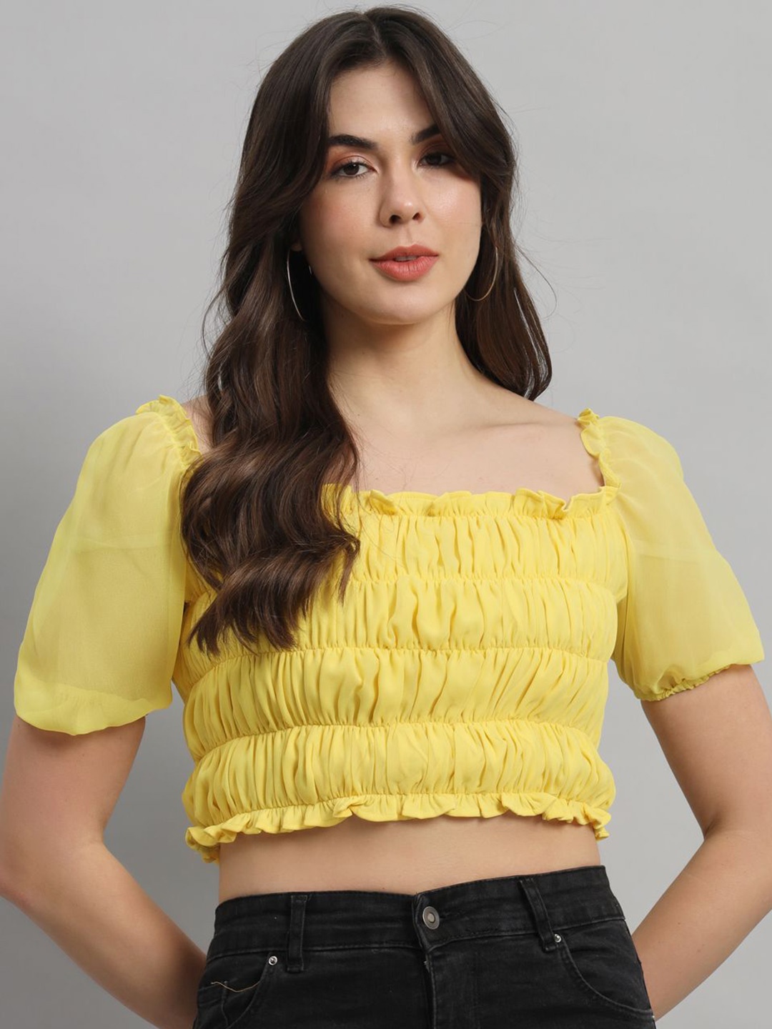 

BAESD Women Smocking Styled Back Crop Top, Yellow