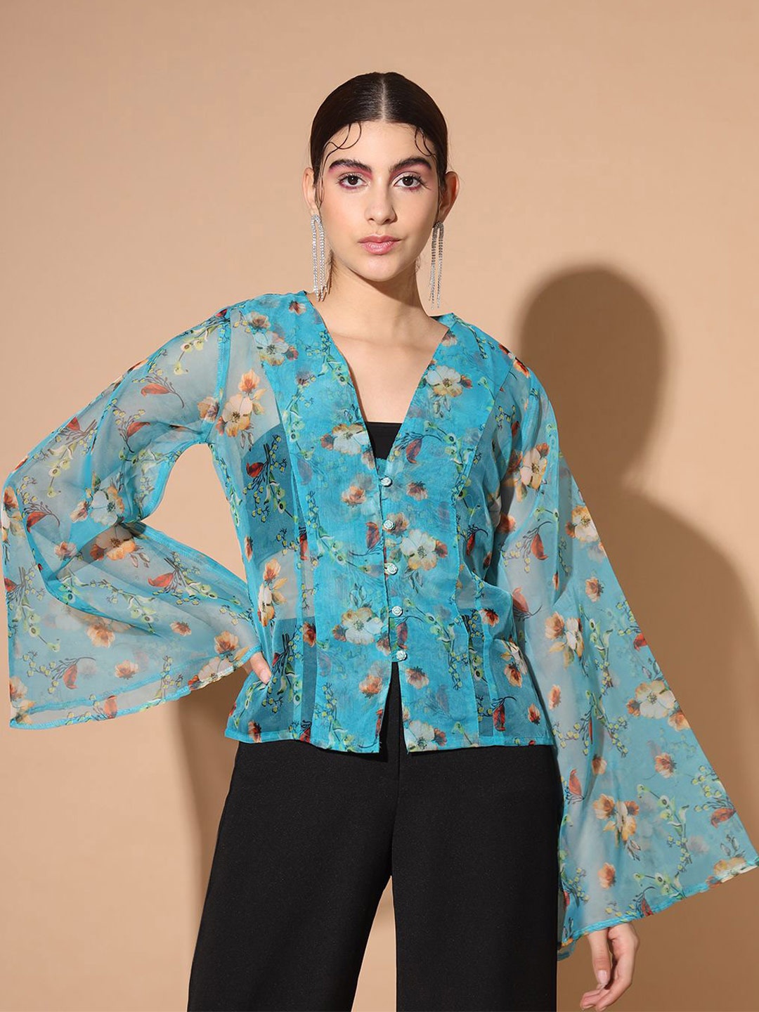 

BAESD Women Floral Printed Flared Sleeve Top, Blue