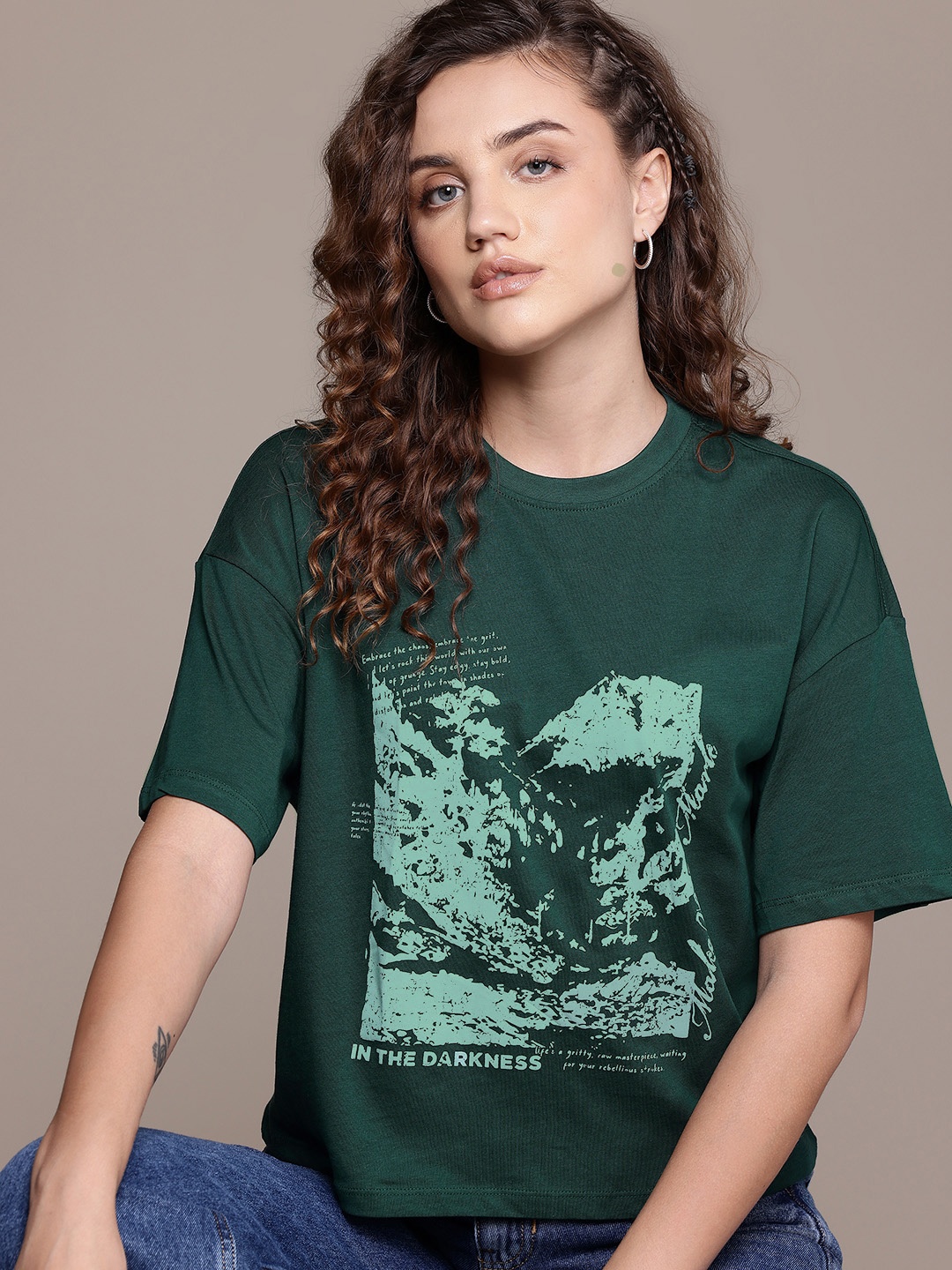 

The Roadster Lifestyle Co. Printed Relaxed Pure Cotton T-shirt, Green