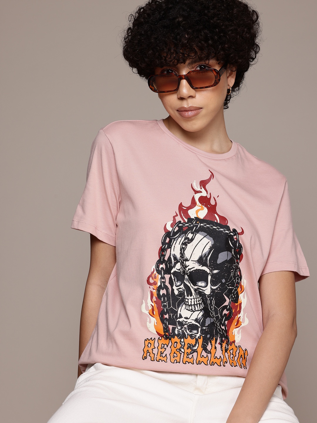 

The Roadster Lifestyle Co. Printed Drop-Shoulder Sleeves Pure Cotton T-shirt, Pink