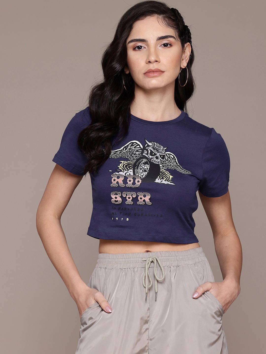 

Roadster The Lifestyle Co. Graphic Printed Cotton Crop T-shirt, Navy blue