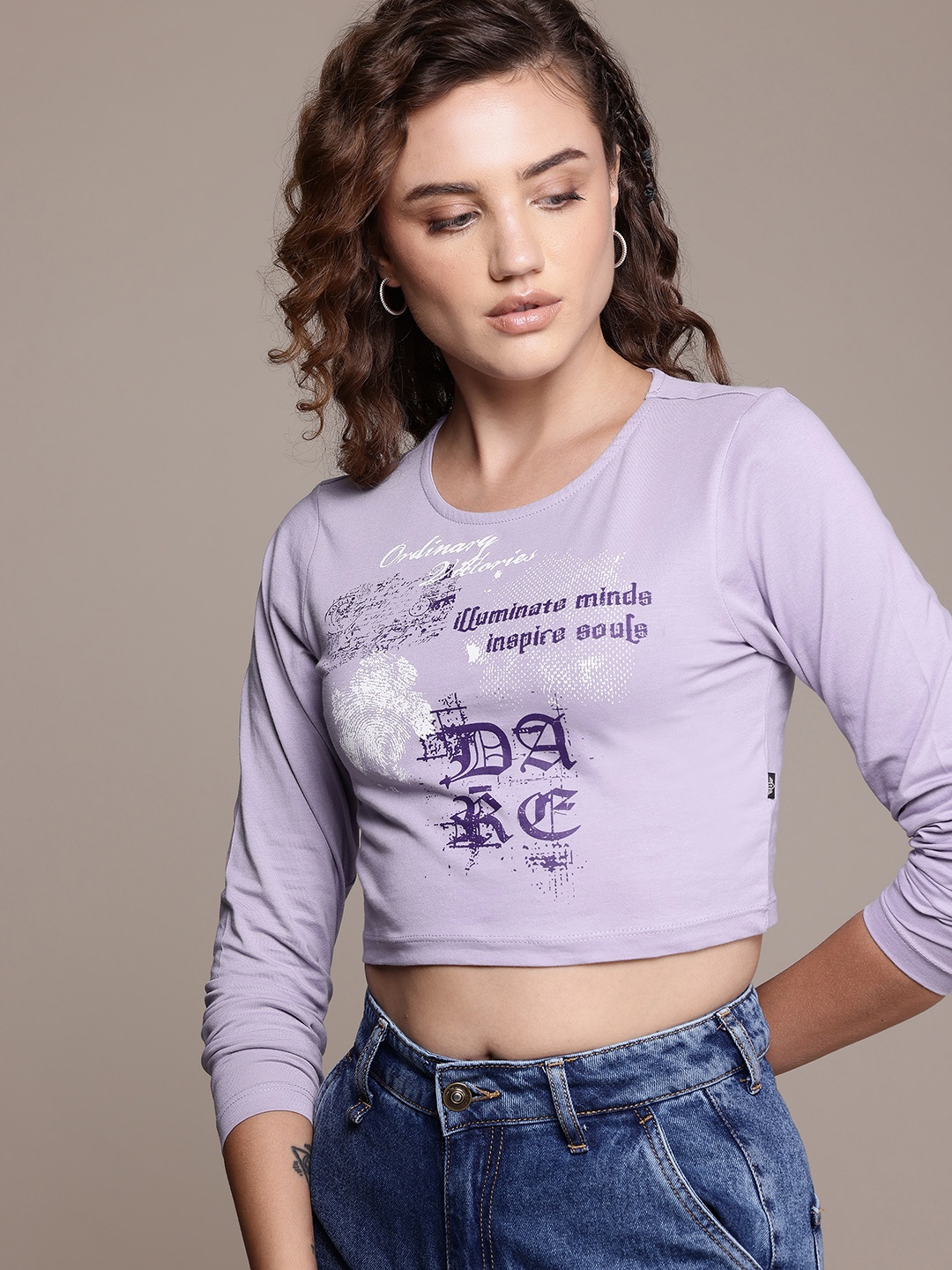 

The Roadster Lifestyle Co. Printed Pure Cotton Crop T-shirt, Lavender