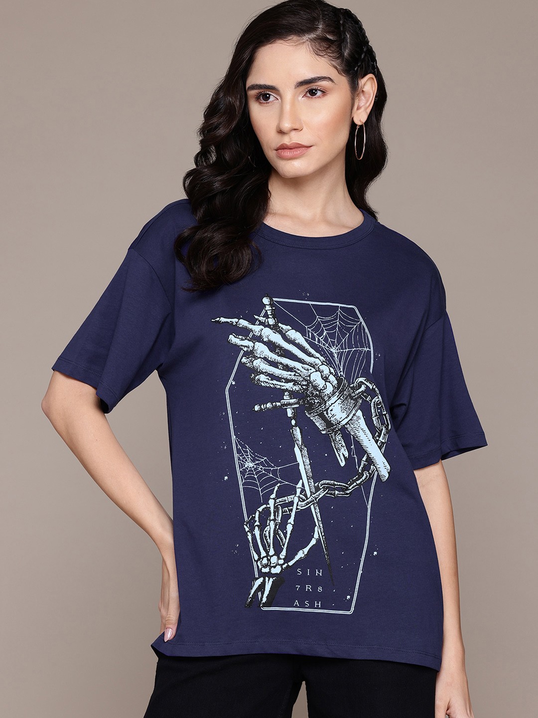 

The Roadster Lifestyle Co. Printed Relaxed Pure Cotton T-shirt, Navy blue