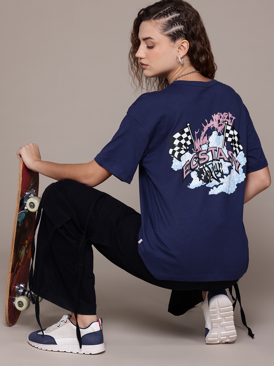 

The Roadster Lifestyle Co. Printed Drop-Shoulder Sleeves Pure Cotton T-shirt, Violet