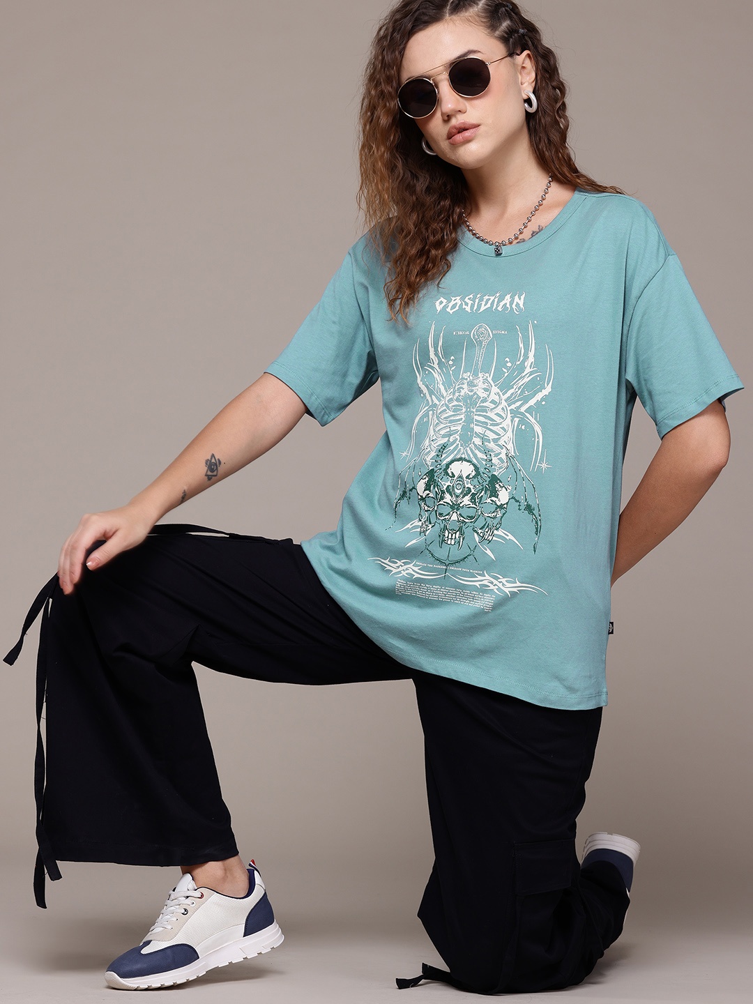 

The Roadster Lifestyle Co. Printed Drop-Shoulder Sleeves Pure Cotton T-shirt, Green