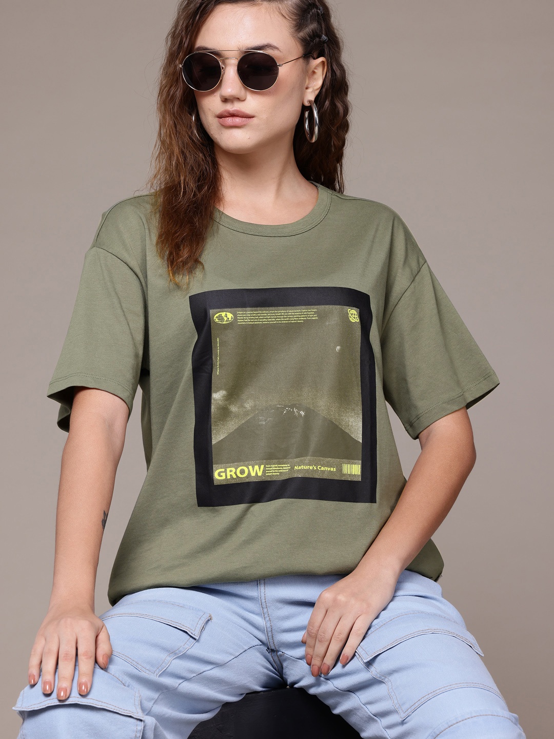 

The Roadster Lifestyle Co. Women Printed Pure Cotton Relaxed Fit T-shirt, Olive