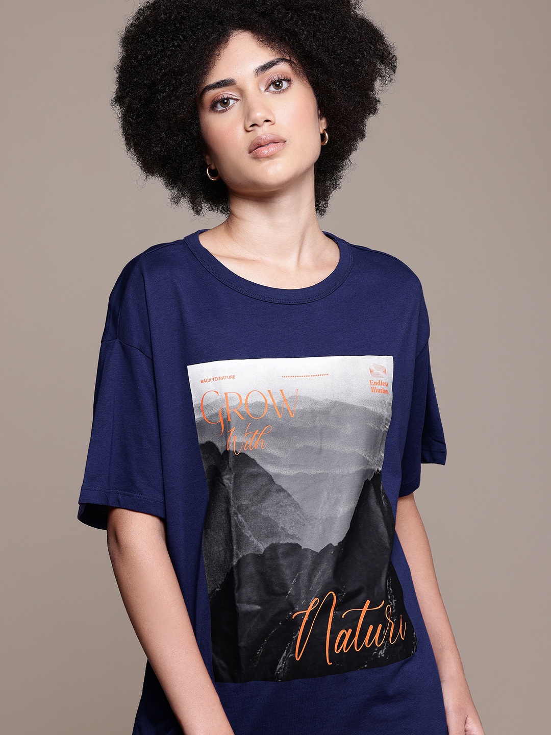 

The Roadster Lifestyle Co. Women Printed Pure Cotton Relaxed Fit T-shirt, Navy blue